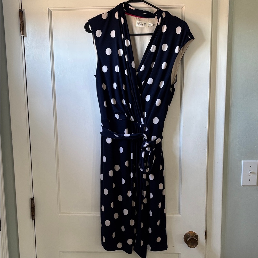 Eliza J Navy and White Polka Dot Midi Wrap Dress